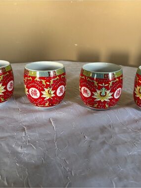 Red Chinese Porcelain Tea Cups with Floral Motif - Set
